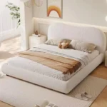 Modern Cloud Upholstered Bed Frame, Teddy Fleece Soft Bouclé Fabric Platform Bed, No Box Spring Needed, Noise-Free, Easy Assembly, White