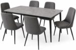 Modern 7-Piece Dining Table Set for 6 - Gray Sintered Stone Marble Top, Black Metal Legs & Upholstered Chairs - 140x80cm Kitchen Furniture - Image 5