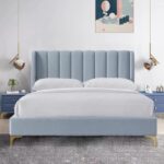 Modern Velvet Upholstered Platform Bed Frame, Vertical Channel Tufted Headboard with Golden Metal Legs, No Box Spring Needed - Image 5