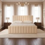Luxury Modern Fabric Platform Bed Frame, Vertical Channel Panel Headboard, Upholstered Shelter Design, No Box Spring Needed