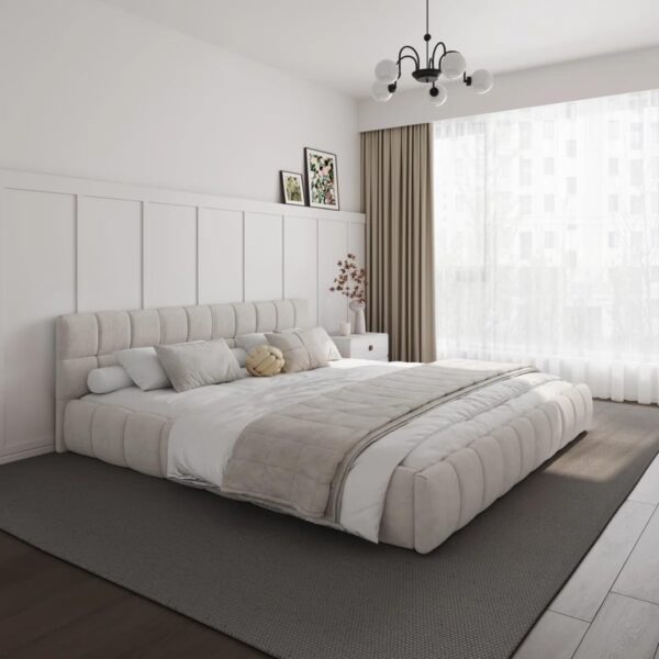 Modern Upholstered Bed Frame with Tufted Headboard - Premium Linen Textured Fabric Platform Bed - Sturdy Wooden Slat Support, No Box Spring Required