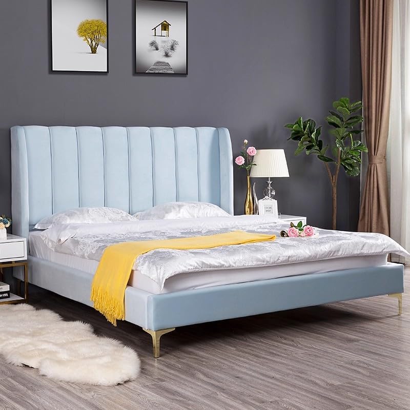 61awhRvnPUL._AC_ Modern Velvet Upholstered Platform Bed Frame, Vertical Channel Tufted Headboard with Golden Metal Legs, No Box Spring Needed - Image 1