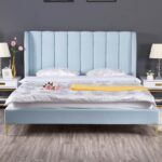 Modern Velvet Upholstered Platform Bed Frame, Vertical Channel Tufted Headboard with Golden Metal Legs, No Box Spring Needed - Image 3