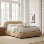 Minimalist Bed with Rounded Edges, Modern Curved Boucle Upholstered Platform Bed Frame, Low Profile Design, Soft Fabric