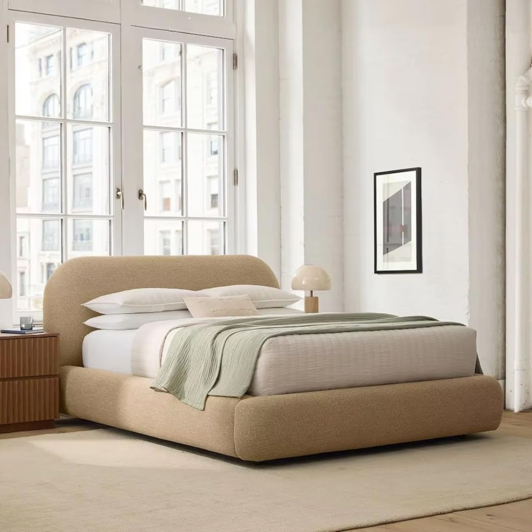 61jkju5C1dL._AC_SL1080_ Minimalist Bed with Rounded Edges, Modern Curved Boucle Upholstered Platform Bed Frame, Low Profile Design, Soft Fabric - Image 1
