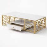 Modern White Marble Coffee Table with Gold Geometric Metal Frame & Storage Drawer, 140x70x45cm Luxury Living Room Center Table - Image 4