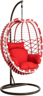 Hanging Egg Chair with Stand - Indoor Outdoor Rattan Swing Chair with Red Plush Cushion, Weather Resistant PE Wicker Hammock for Patio, Bedroom, Balcony - Image 4