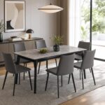 Modern 7-Piece Dining Table Set for 6 - Gray Sintered Stone Marble Top, Black Metal Legs & Upholstered Chairs - 140x80cm Kitchen Furniture - Image 4