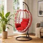 Hanging Egg Chair with Stand - Indoor Outdoor Rattan Swing Chair with Red Plush Cushion, Weather Resistant PE Wicker Hammock for Patio, Bedroom, Balcony - Image 3