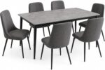 Modern 7-Piece Dining Table Set for 6 - Gray Sintered Stone Marble Top, Black Metal Legs & Upholstered Chairs - 140x80cm Kitchen Furniture - Image 3