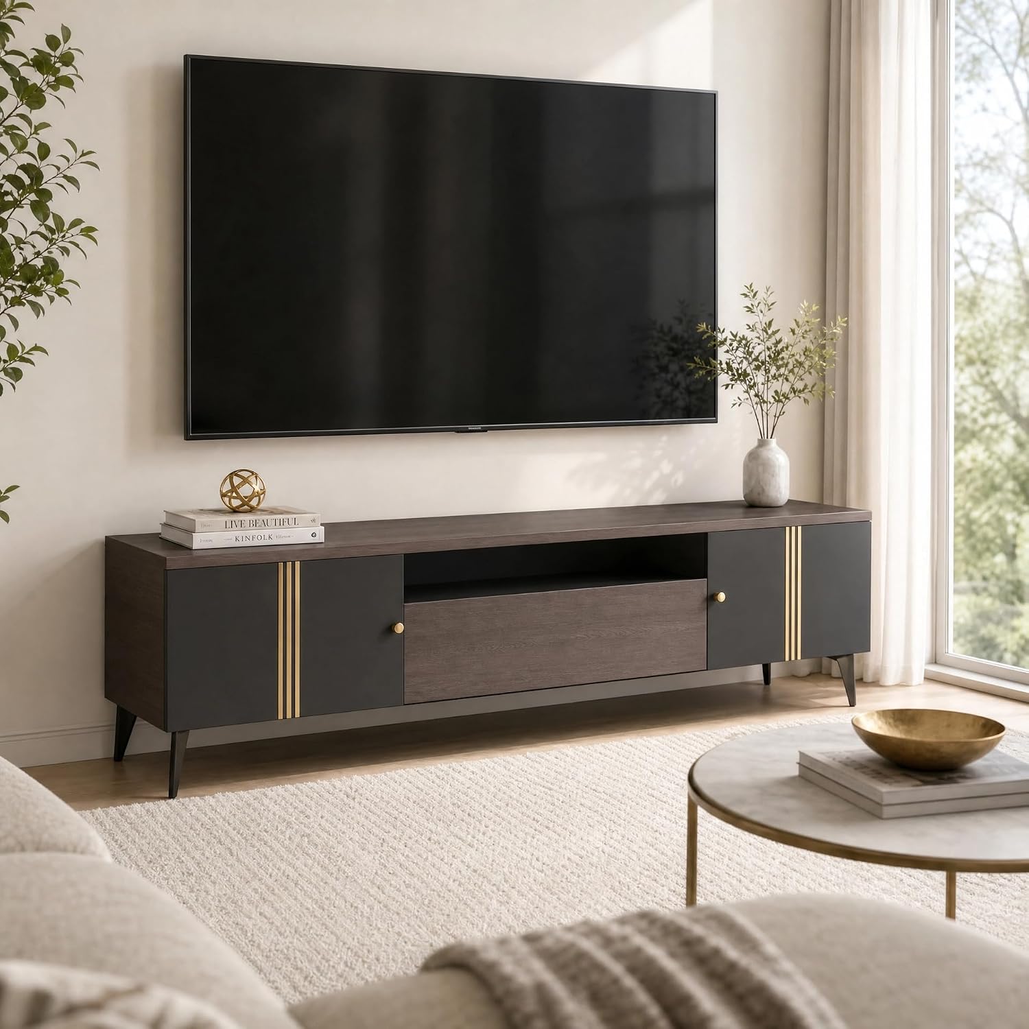 71lXQ89y8ML._AC_SL1500_ Modern Wenge TV Stand with Gold Accents & Storage - Sleek Media Console - Contemporary Entertainment Center for Living Room, Bedroom - Image 1