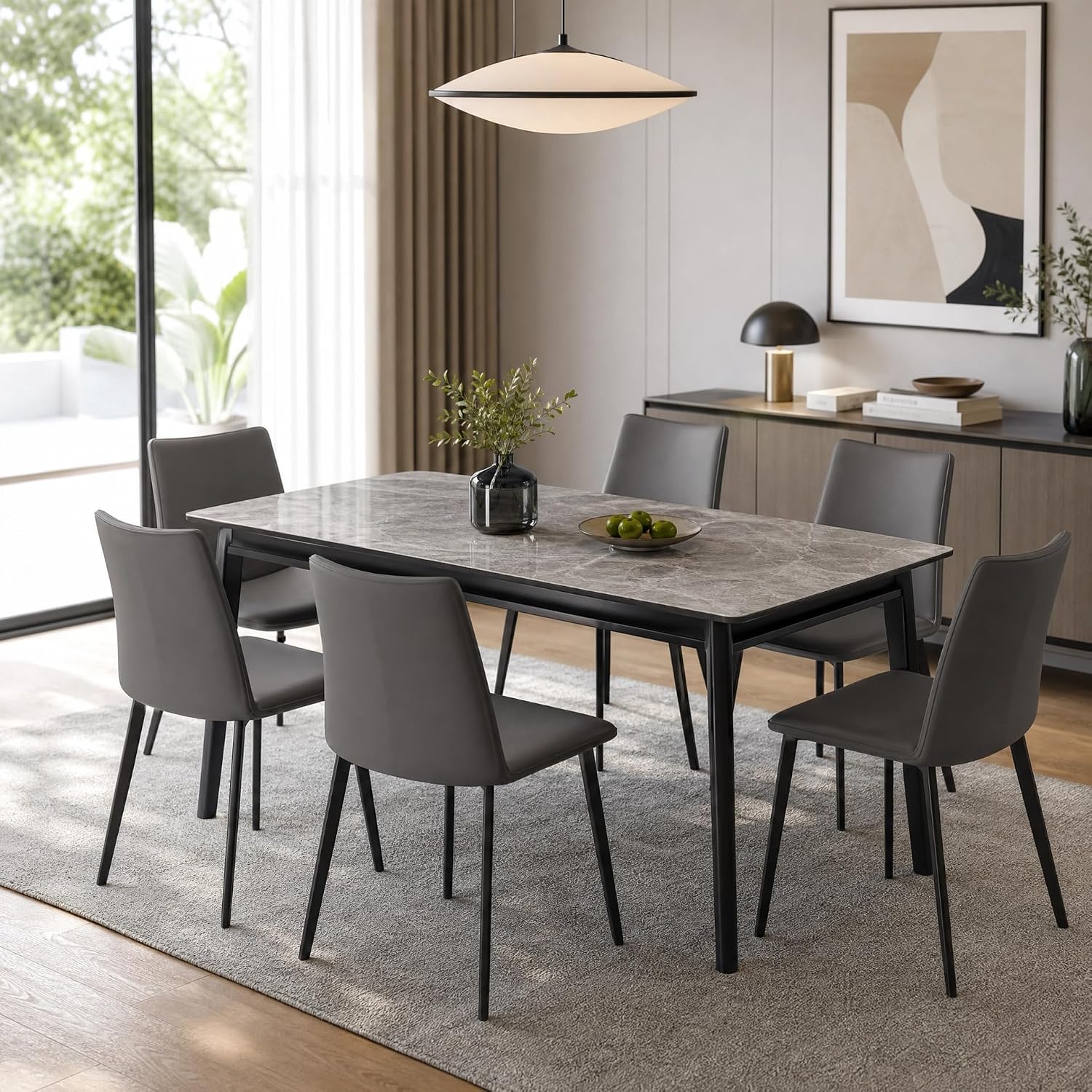 81-Qd+CRocL._AC_SL1500_ Modern 7-Piece Dining Table Set for 6 - Gray Sintered Stone Marble Top, Black Metal Legs & Upholstered Chairs - 140x80cm Kitchen Furniture - Image 1