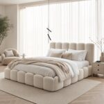 Cloud Upholstered Bed Frame, Teddy Fleece Modern Soft Boucle Platform Bed with Vertical Channel Headboard