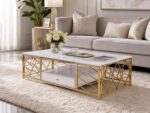 Modern White Marble Coffee Table with Gold Geometric Metal Frame & Storage Drawer, 140x70x45cm Luxury Living Room Center Table