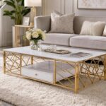 Modern White Marble Coffee Table with Gold Geometric Metal Frame & Storage Drawer, 140x70x45cm Luxury Living Room Center Table