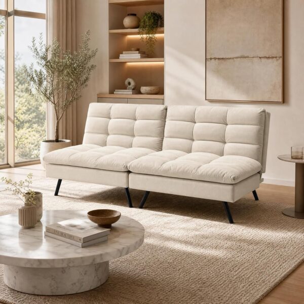 Modern Convertible Sofa Bed - 2-in-1 Sleeper Sofa with Adjustable Backrest, Tufted Fabric, Metal Legs - Compact Loveseat for Small Spaces, Living Room, Guest Room