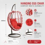 Hanging Egg Chair with Stand - Indoor Outdoor Rattan Swing Chair with Red Plush Cushion, Weather Resistant PE Wicker Hammock for Patio, Bedroom, Balcony - Image 2
