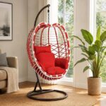 Hanging Egg Chair with Stand - Indoor Outdoor Rattan Swing Chair with Red Plush Cushion, Weather Resistant PE Wicker Hammock for Patio, Bedroom, Balcony