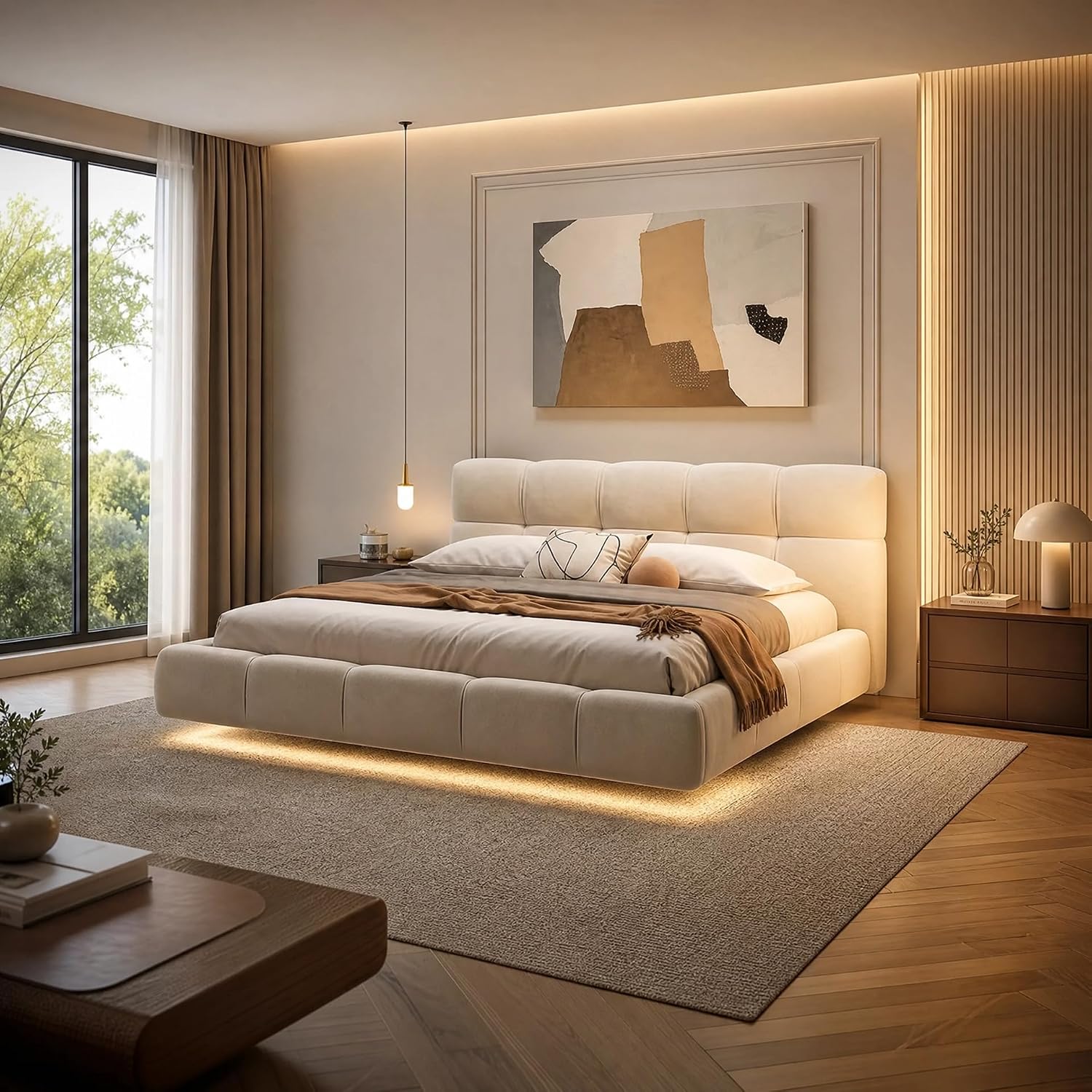 81o0cnyIGWL._AC_SL1500_ Modern Upholstered LED Floating Bed Frame with Tufted Headboard, No Box Spring Needed - Image 1