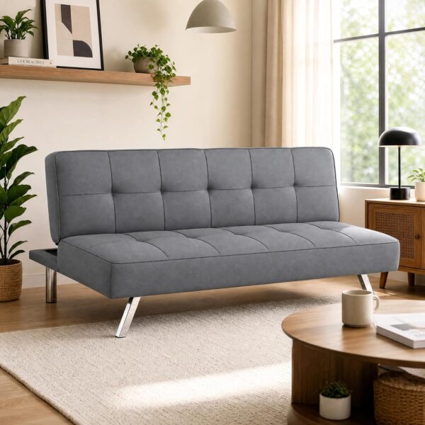Modern Convertible Futon Sofa Bed - Gray Tufted Sleeper Couch with Chrome Legs - Adjustable Lounger for Small Spaces, Guest Room, Apartment
