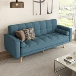 Convertible Futon Sofa Bed, Modern Fabric Sleeper Couch with 2 Bolster Pillows and Wooden Legs, Adjustable Folding Reclining Loveseat, Living Room Furniture
