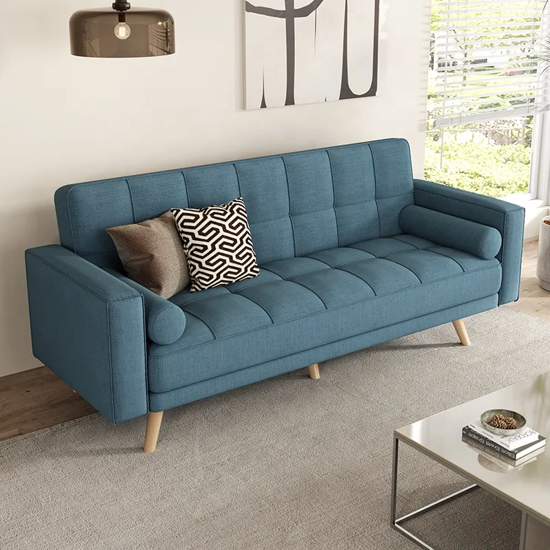 Slate Blue - Convertible Futon Sofa Bed (1) Convertible Futon Sofa Bed, Modern Fabric Sleeper Couch with 2 Bolster Pillows and Wooden Legs, Adjustable Folding Reclining Loveseat, Living Room Furniture - Image 1