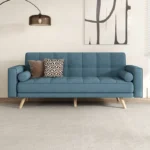 Convertible Futon Sofa Bed, Modern Fabric Sleeper Couch with 2 Bolster Pillows and Wooden Legs, Adjustable Folding Reclining Loveseat, Living Room Furniture - Image 2