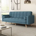 Convertible Futon Sofa Bed, Modern Fabric Sleeper Couch with 2 Bolster Pillows and Wooden Legs, Adjustable Folding Reclining Loveseat, Living Room Furniture - Image 4